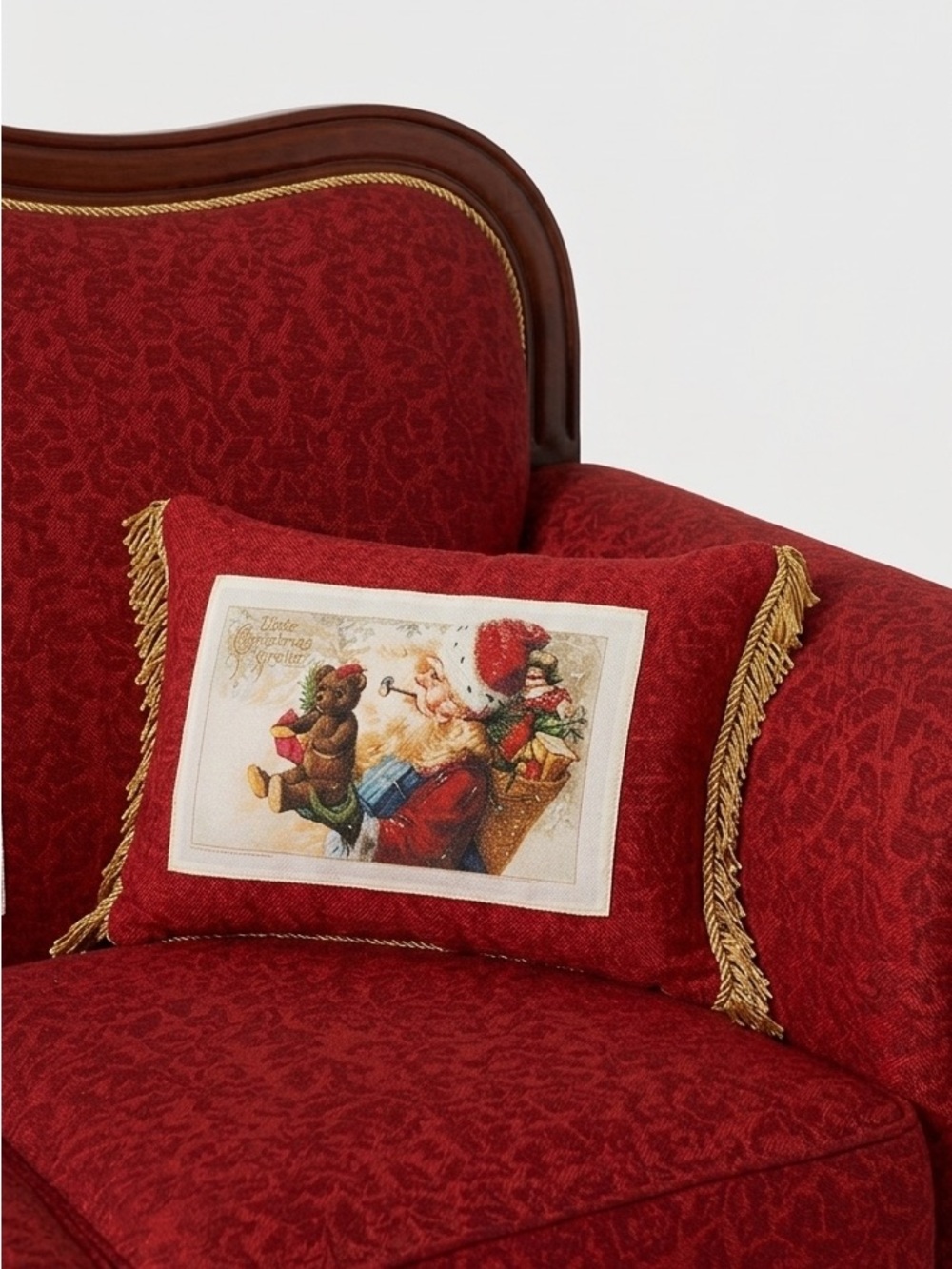 Festive Red Santa Holiday Pillow with Gold Trim